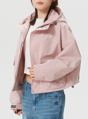 MLB粉色梭织短款外套新款连帽夹克工装运动服休闲上衣3FWJB0161