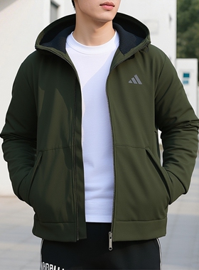 阿迪达斯外套男装绿色运动服2025新款加绒休闲梭织连帽夹克KE4370