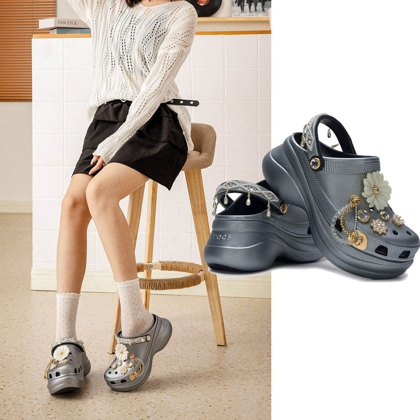 crocs卡骆驰厚底凉鞋女鞋2026新款璀璨珠花小鲸鱼洞洞鞋包头拖鞋