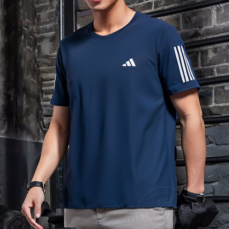 阿迪达斯跑步T恤男子健身训练服运动宽松透气蓝色休闲短袖IN1502