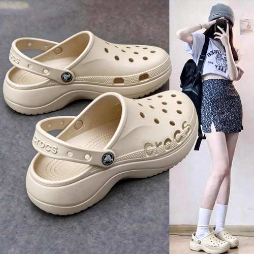 crocs卡骆驰夏女鞋贝雅云彩Clog厚底休闲凉鞋拖鞋卡其包头洞洞鞋