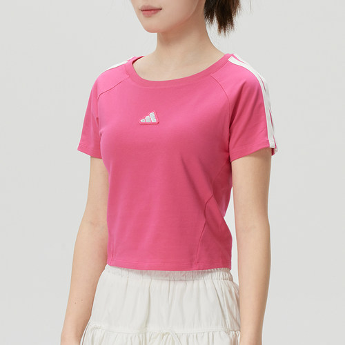 阿迪达斯女装玫红色修身短袖T恤2026夏新款运动服休闲跑步KS0278