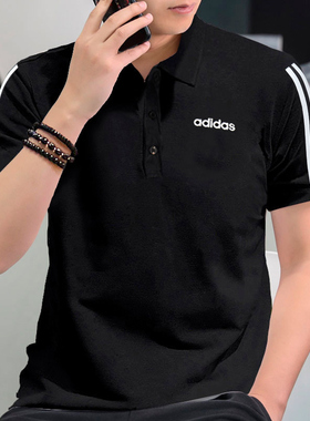 阿迪达斯短袖男黑色POLO衫冬季正品运动服宽松棉质透气T恤EJ0927