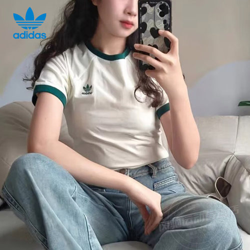 阿迪达斯三叶草短袖T恤女装修身白色春夏运动服休闲透气IN4110