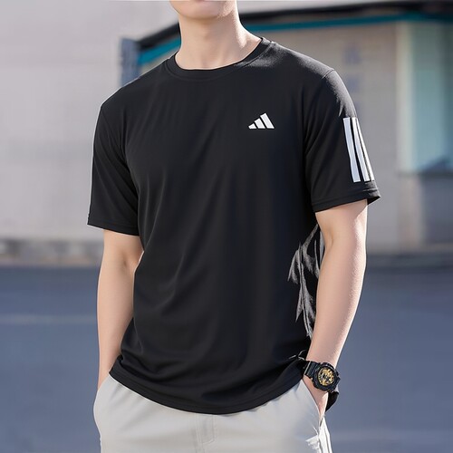 adidas阿迪达斯男子三条纹健身清风透气运动服休闲短袖T恤KU8726