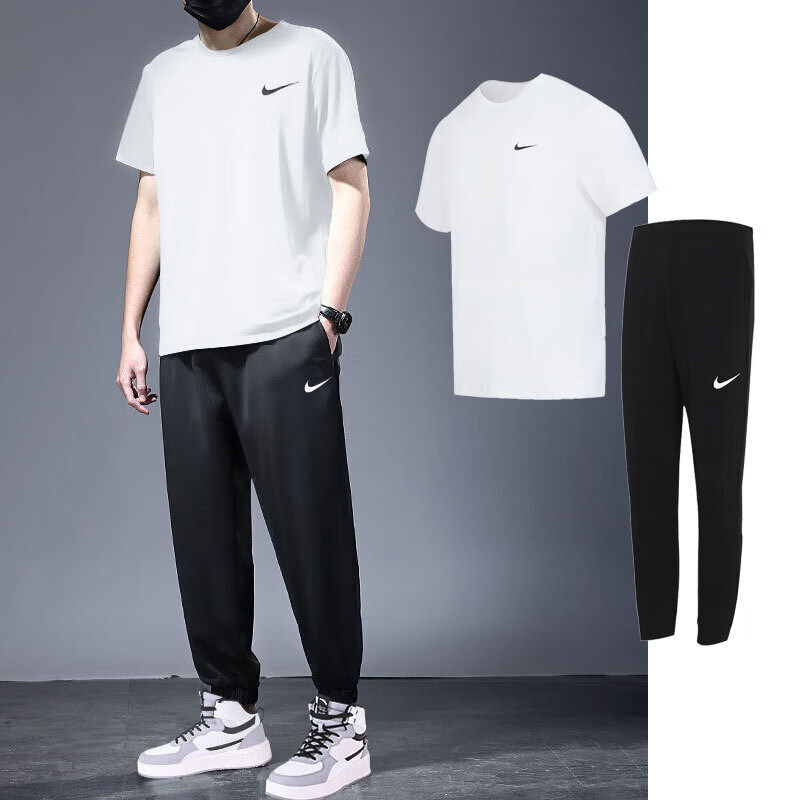 Nike耐克男装春季休闲套装白色短袖T恤长裤子运动透气跑步健身衣