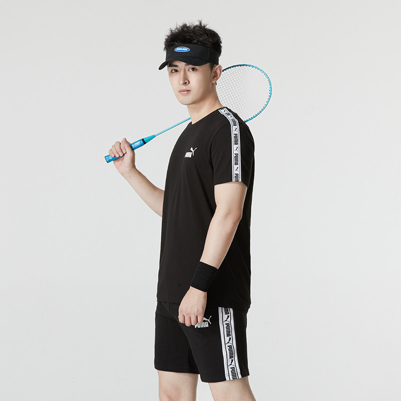 푸마 푸마 스포츠 정장 남성 2024 겨울 신작 남성 스트링 라벨 투피스 세트 반바지가 포함된 검정색 반팔 세트