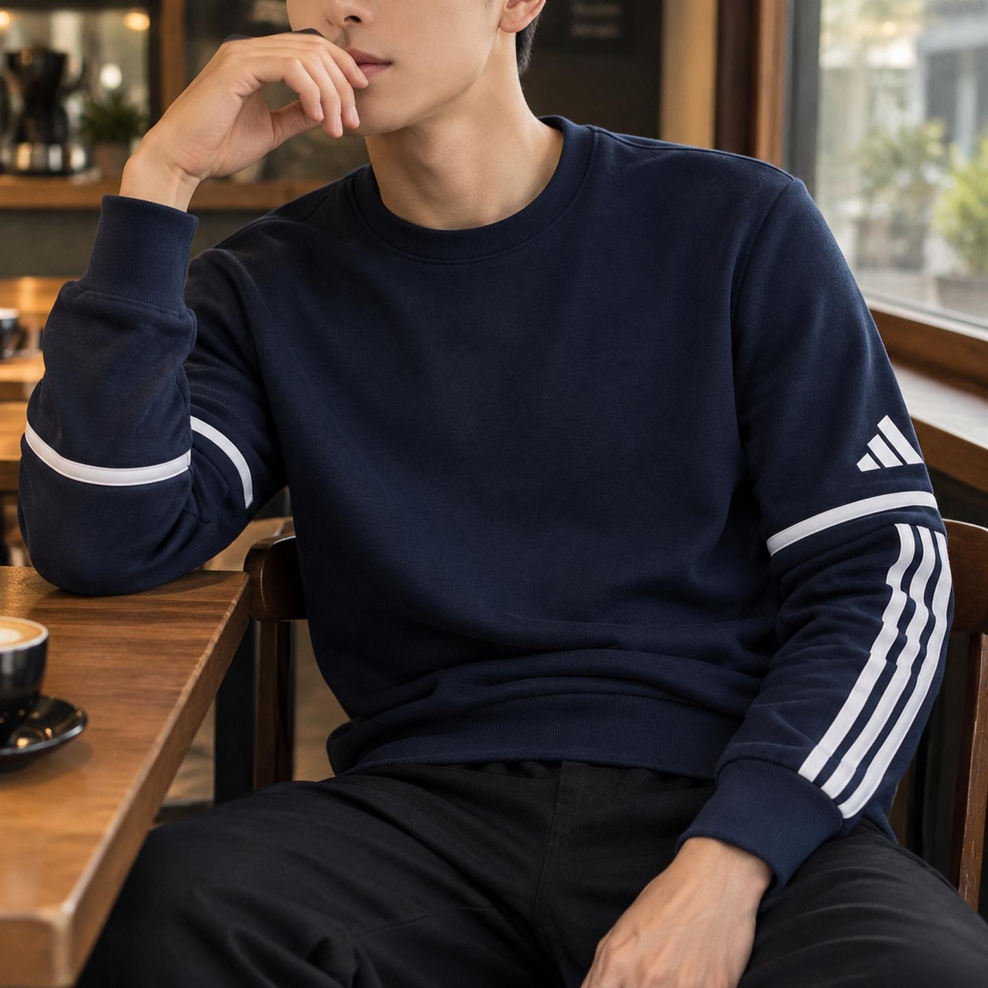 阿迪达斯adidas男装蓝色加绒卫衣秋冬运动服健身训练潮流套头衫