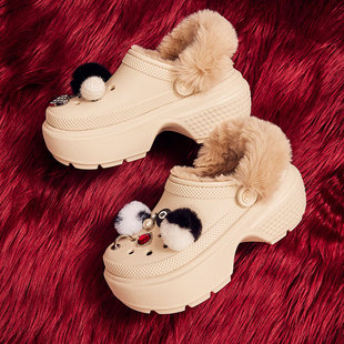 crocs洞洞鞋加绒卡骆驰雪屋暖棉厚底保暖户外冬季棉拖毛毛女鞋