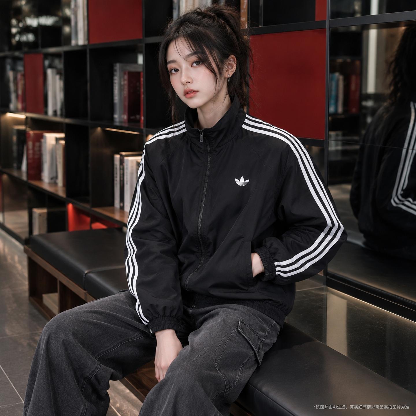 阿迪达斯adidas三叶草梭织外套女装26秋季新款跑步立领夹克KD2894图片