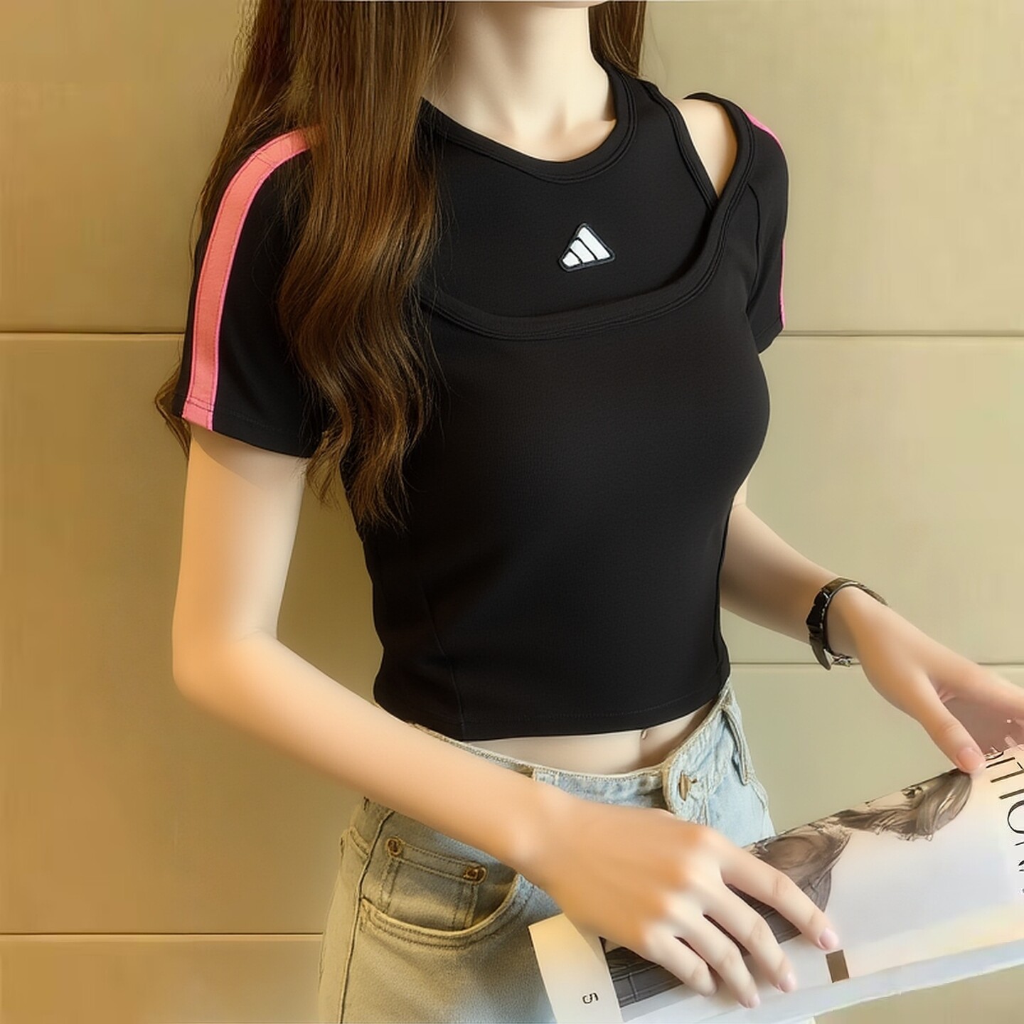 阿迪达斯短袖女装2026夏季新款运动服假两件短款休闲透气修身T恤
