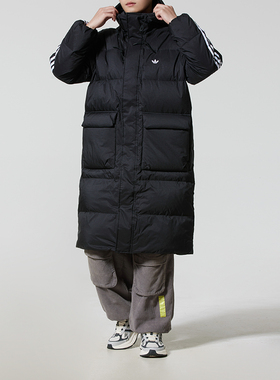 阿迪达斯三叶草男子黑色长款羽绒服25冬季新款运动休闲外套KC2564