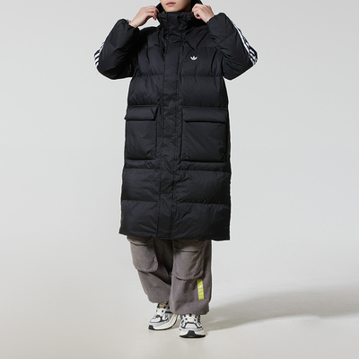 阿迪达斯三叶草男子黑色长款羽绒服25冬季新款运动休闲外套KC2564