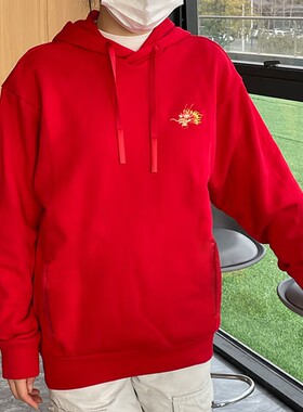 阿迪达斯红色连帽卫衣男女装冬季CNY龙年运动服休闲套头衫JE6101