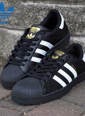 阿迪达斯三叶草男女鞋贝壳头运动鞋休闲鞋黑色低帮金标板鞋EG4959