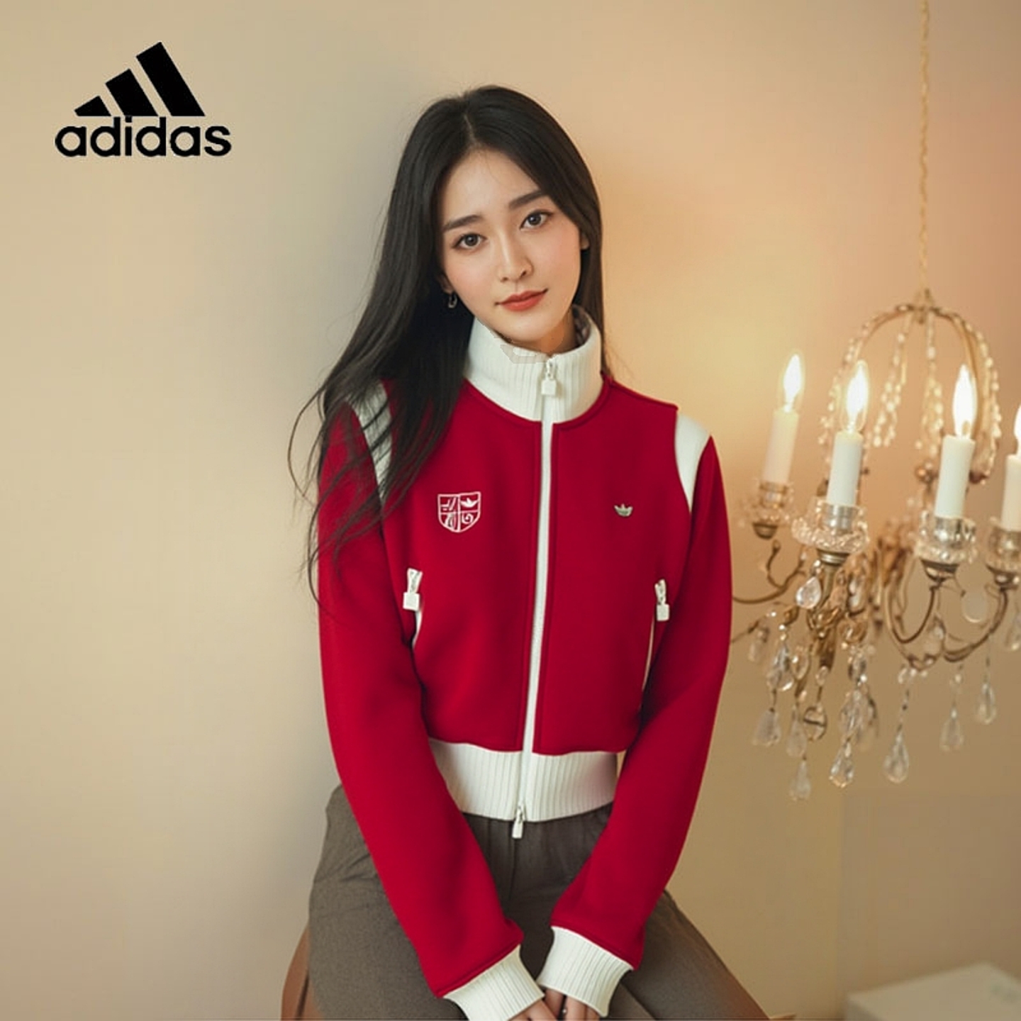 阿迪达斯三叶草外套女装红色新年款立领夹克短款休闲运动服KG8221