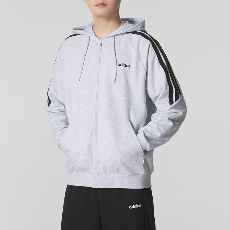 阿迪达斯男装灰色连帽外套25新款三条纹跑步针织夹克运动服KA2579