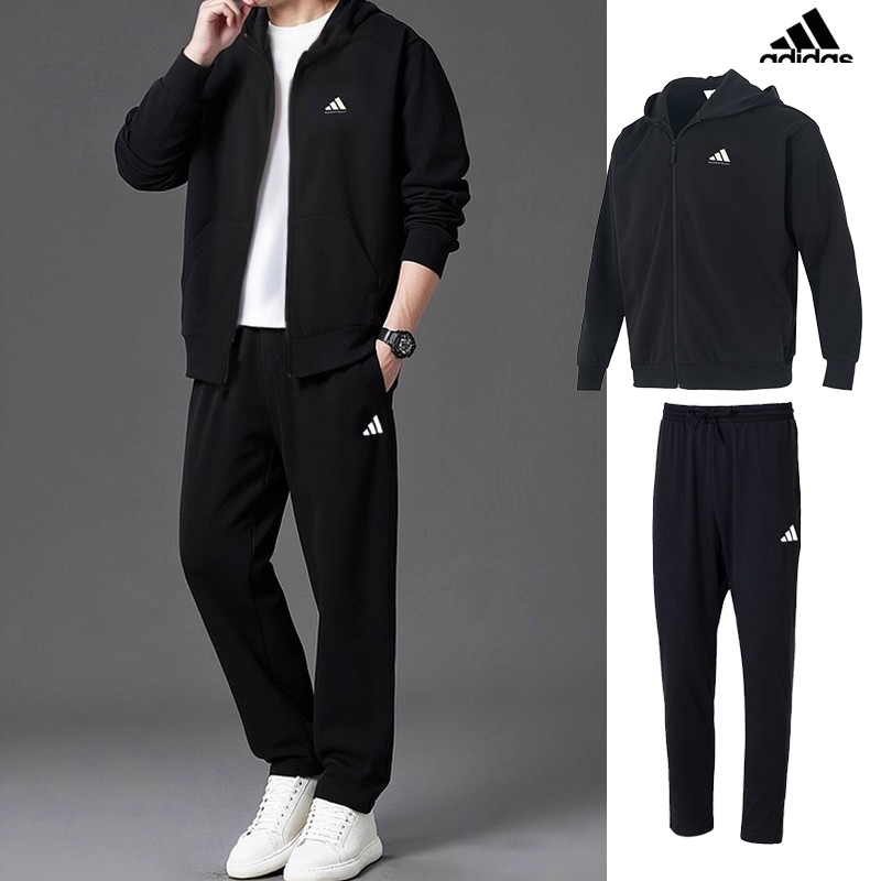 adidas阿迪达斯男装秋季针织套装连帽夹克外套直筒长裤新款运动服