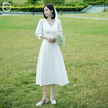 【白小仙】法式简约轻婚纱2020新款新娘出门纱旅拍森系缎面礼服夏