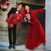 新中式 敬酒服外景改良旗袍复古风红色轻婚纱新娘结婚订婚喜嫁礼服