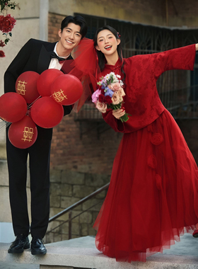新中式敬酒服外景改良旗袍复古风红色轻婚纱新娘结婚订婚喜嫁礼服