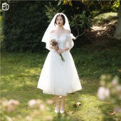 旅拍轻婚纱森系超仙吊带小个子新娘结婚出门纱小礼服秋 白小仙