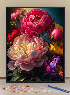 新中式牡丹花卉数字油画diy填充
