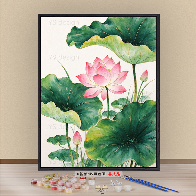 中式荷花荷韵数字油画填色diy解压丙烯涂色画中国风客厅装饰挂画