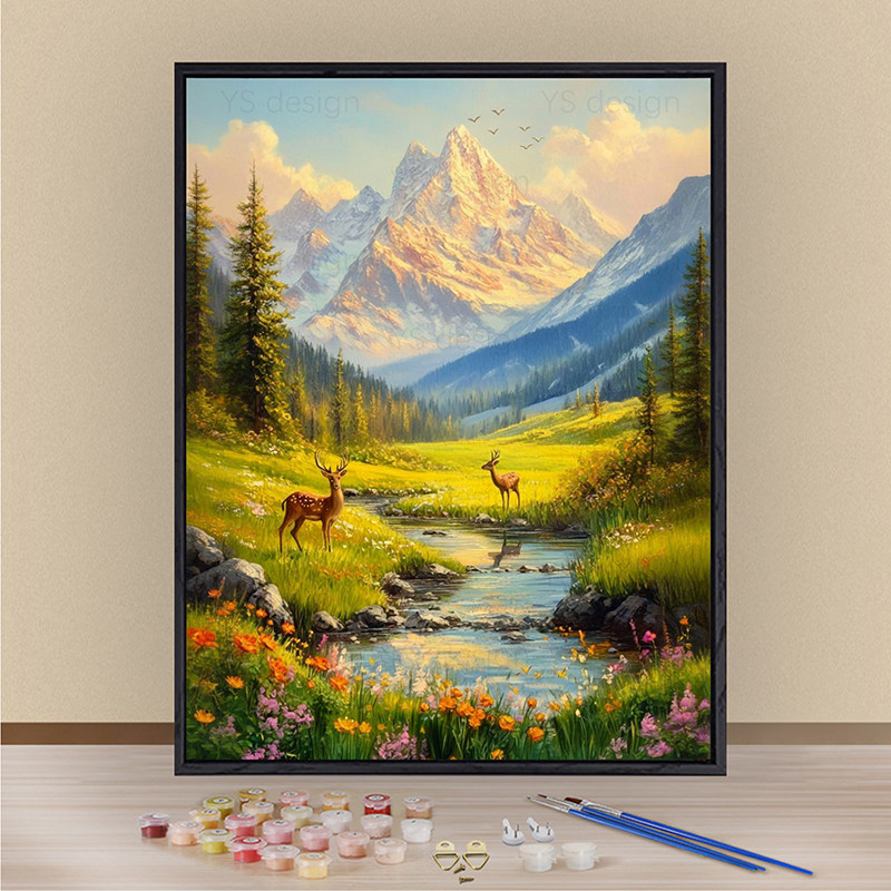 聚财山水风景画数字油画diy填充零基础手绘涂色高级感客厅装饰画
