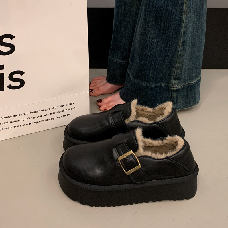 英伦牛皮厚底加绒保暖女乐福鞋
