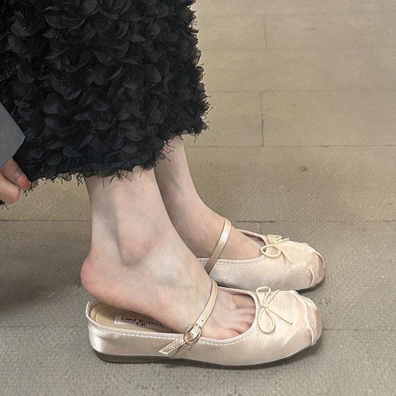 羊皮版！内增高4cm蝴蝶结包头半拖鞋女外穿芭蕾一字带扣凉拖单鞋