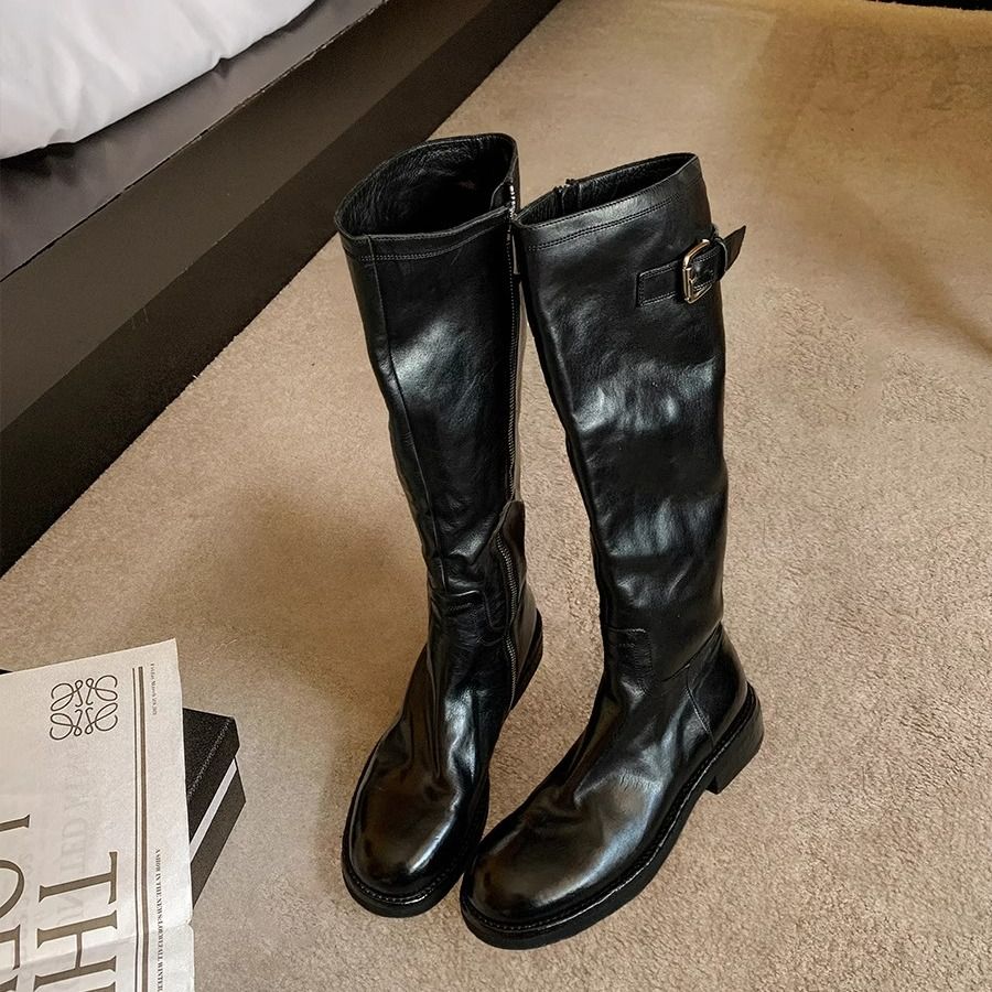 水洗马皮复古厚底骑士靴