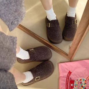 加絨松糕復古百搭爆款 厚底羊毛勃肯鞋 女2025秋冬季 新款 一腳蹬單鞋