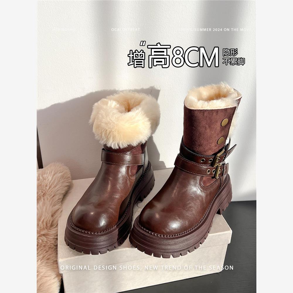 真皮覆古厚底粗跟加绒保