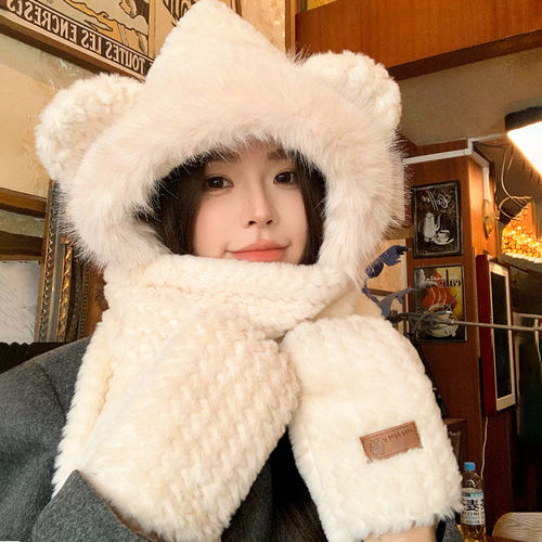 小熊耳朵毛绒帽子围巾手套一体