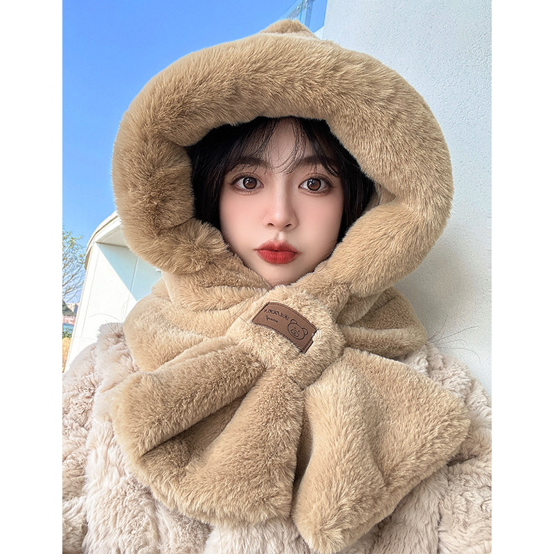 毛绒帽子围巾一体帽女冬季2023新款骑车秋冬百搭保暖护耳可爱围脖