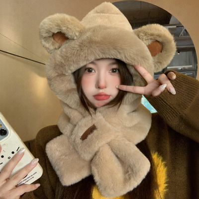 围巾一体女士加厚保暖可爱小熊帽