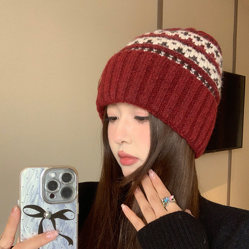 费尔岛红色帽子女款冬季可爱冬帽毛线帽显脸小保暖针织帽护耳冷帽