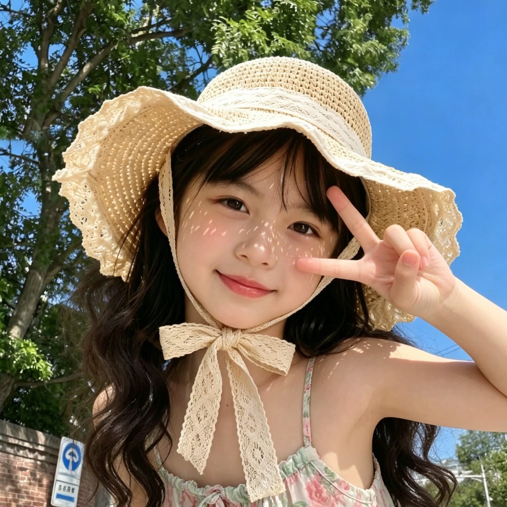 女童大檐防晒沙滩度假帽可调节