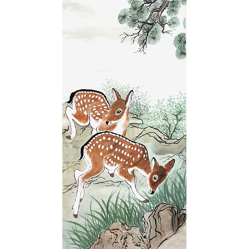 2024手绘国画山水松鹿图宣纸画客厅书房挂饰梅花鹿生财有鹿装饰画图片