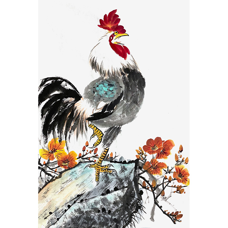 定制手绘画68x45公鸡图装饰画雄鸡画野花图农家中式茶室卧室挂画图片
