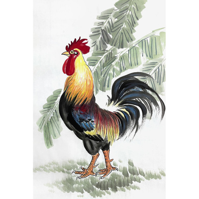 手绘雄鸡芭蕉图 芭蕉绿了樱桃红画 客厅小幅大公鸡报晓画 水墨画