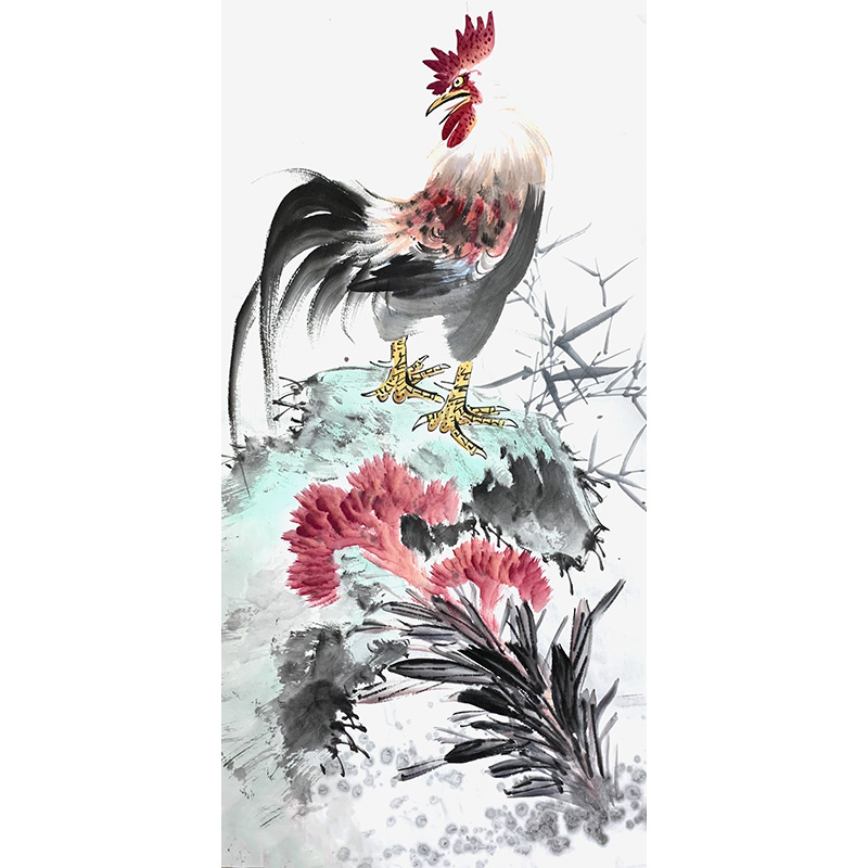 手绘定制一鸣惊人画 鸡冠花画 雄鸡图 竹子画 手工鸿运当头装饰画图片