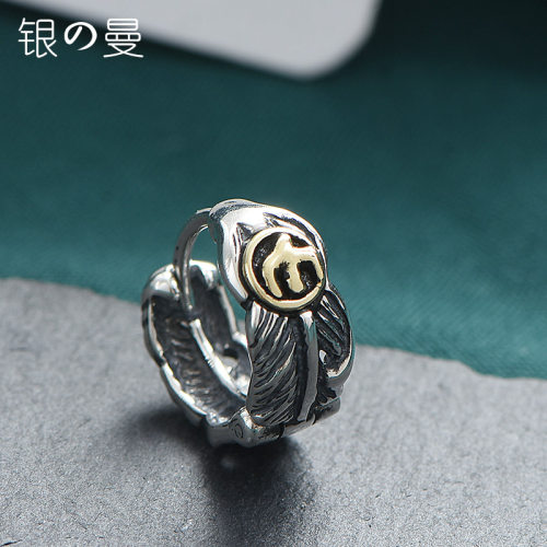 925纯银复古男羽毛宽面耳圈耳坠