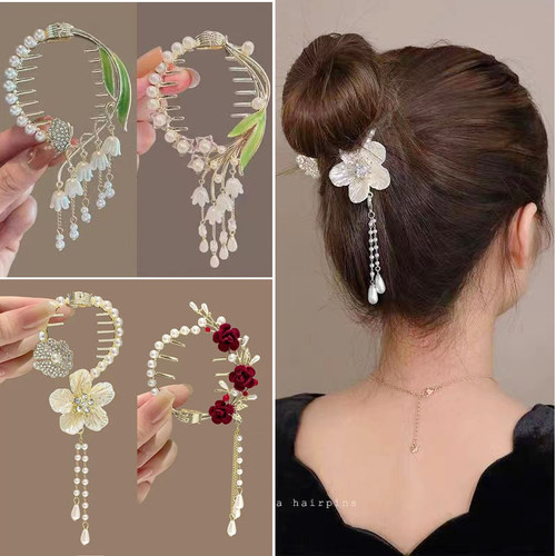 古风铃兰花丸子头盘发夹子抓夹女汉服流苏马尾扣后脑勺发夹扣头饰