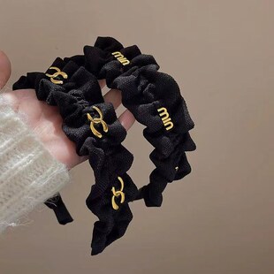 黑色褶皱高颅顶发箍高级感少女心秋冬气质网红头饰2025年新款头箍