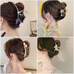 蝴蝶珍珠流苏发抓夏日清新气质抓夹大号鲨鱼发夹后脑勺夹子头饰品