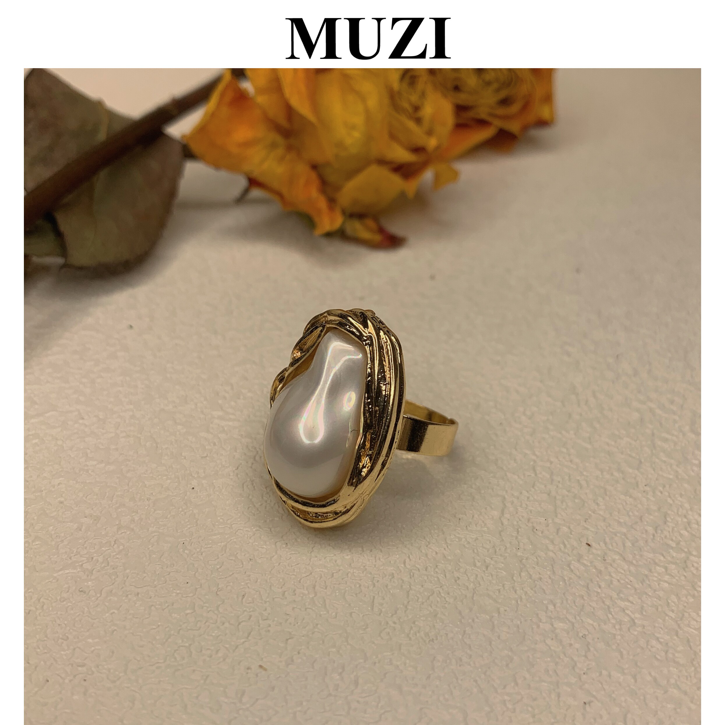 muzi vintage 木子同款复古巴洛克异形珍珠缠绕设计可调节戒指