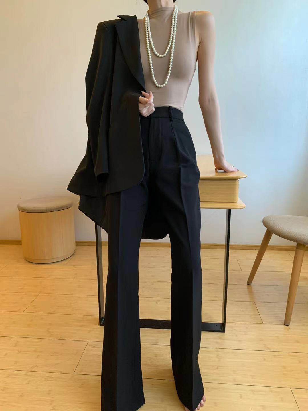 muzi木子高腰黑色修身微喇阔腿  裤修饰腿部线条 高定西装裤