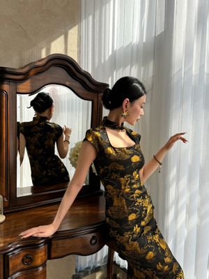 中式旗袍烫金繁华连衣裙